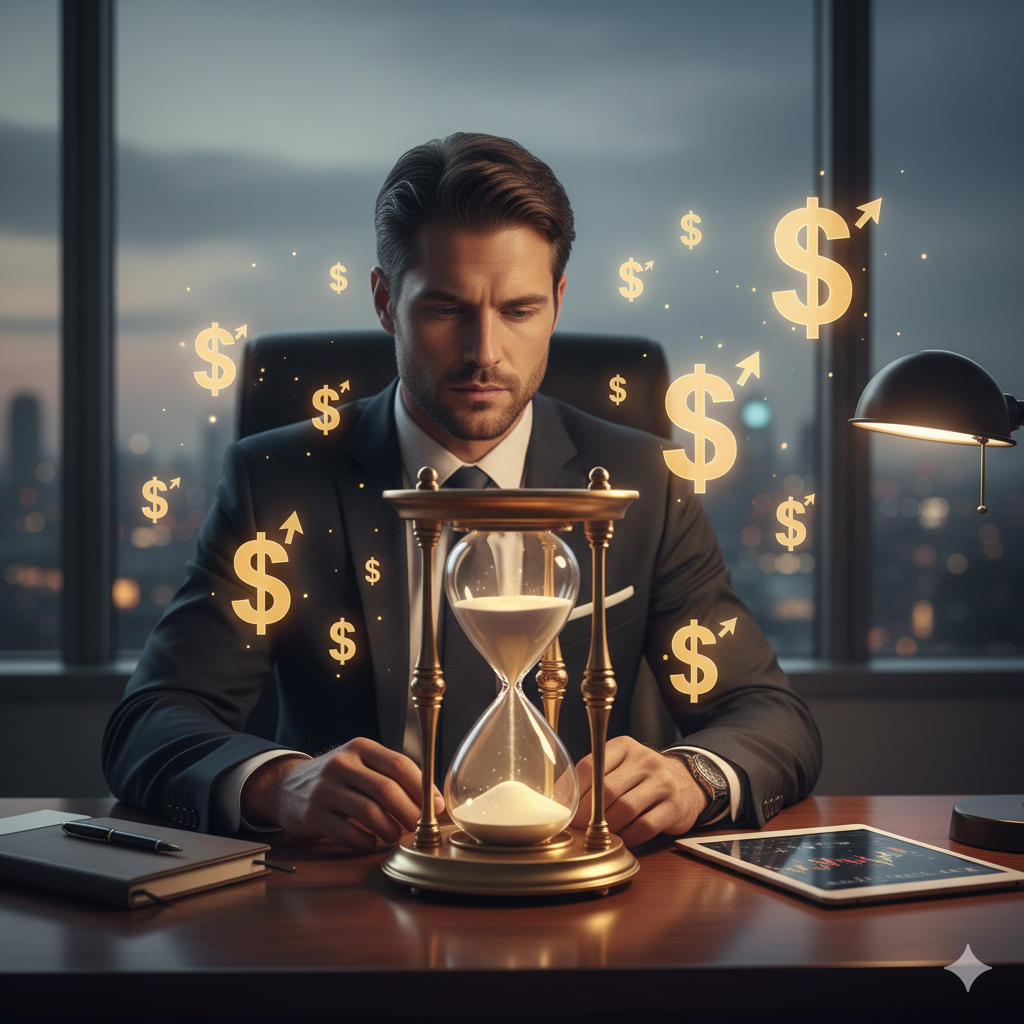 A professional looking thoughtfully at an hourglass 